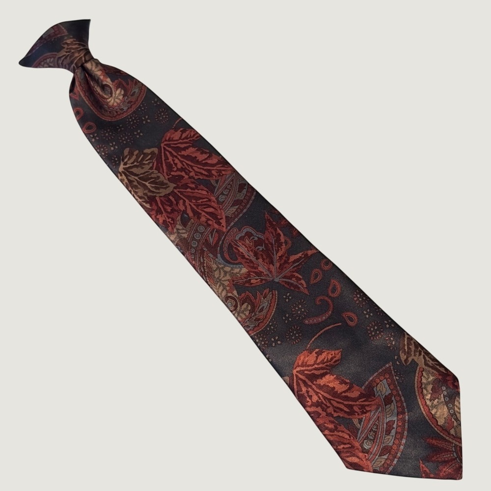 Ketch Clip On Tie Burgundy Grey Leaf Paisley Autumn Formal Academia 17x3.25"